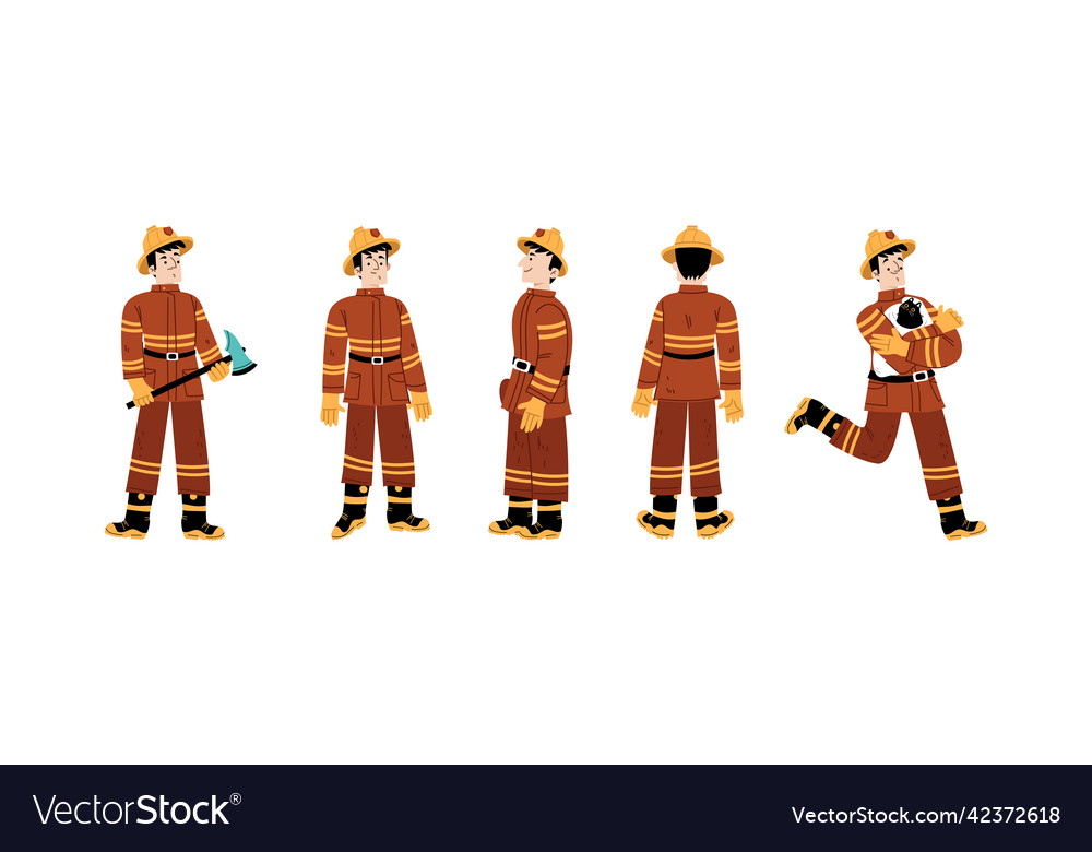 Fireman in helmet in front side and back view Vector Image