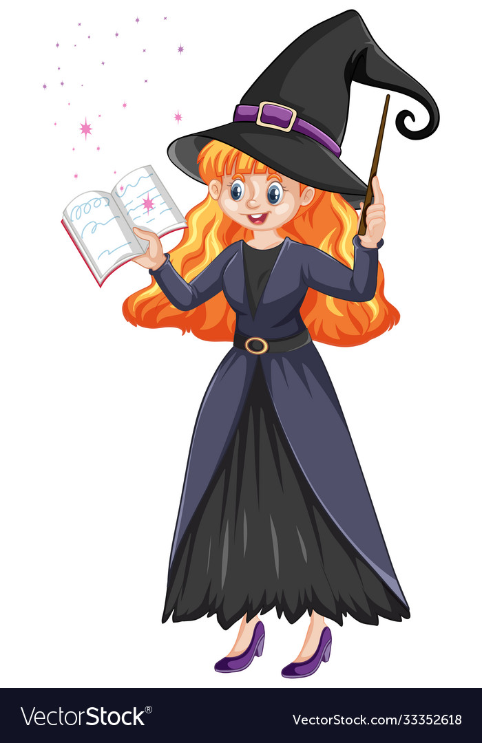 Young beautiful witch holding wand and book Vector Image