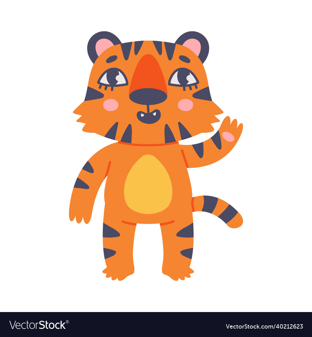 Funny tiger cub with orange fur and stripes waving Funny tiger cub with orange fur and stripes waving