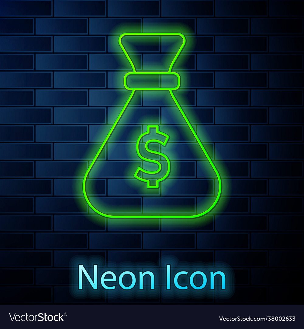 Glowing neon line money bag icon isolated on brick