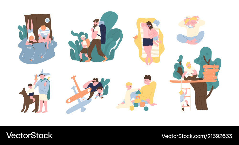 Set of adorable pair father and son spending Vector Image