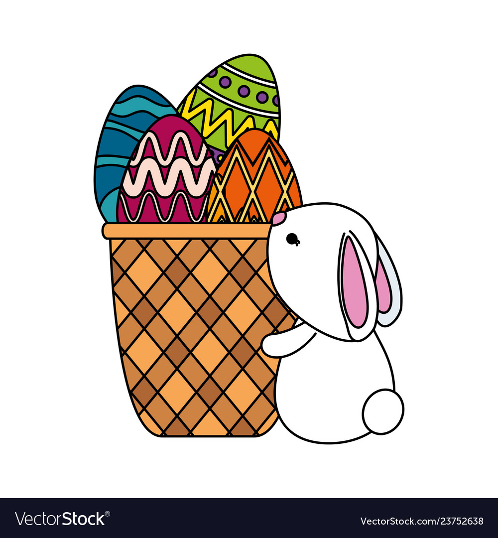 Cute rabbit with easter eggs painted in basket Vector Image