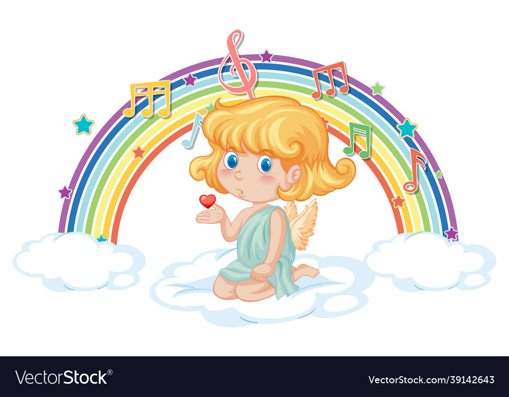 Cupid girl on the cloud with melody symbols