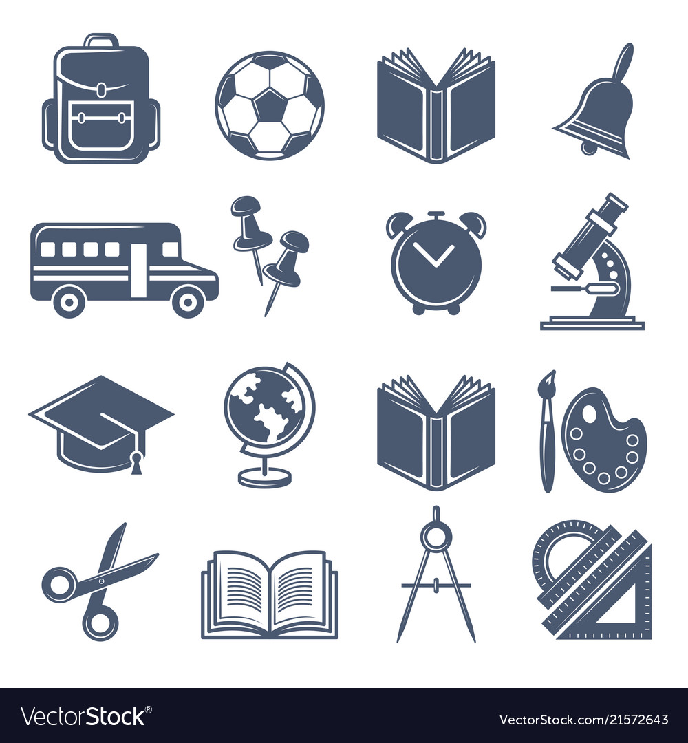 School symbols black icons set of school Vector Image