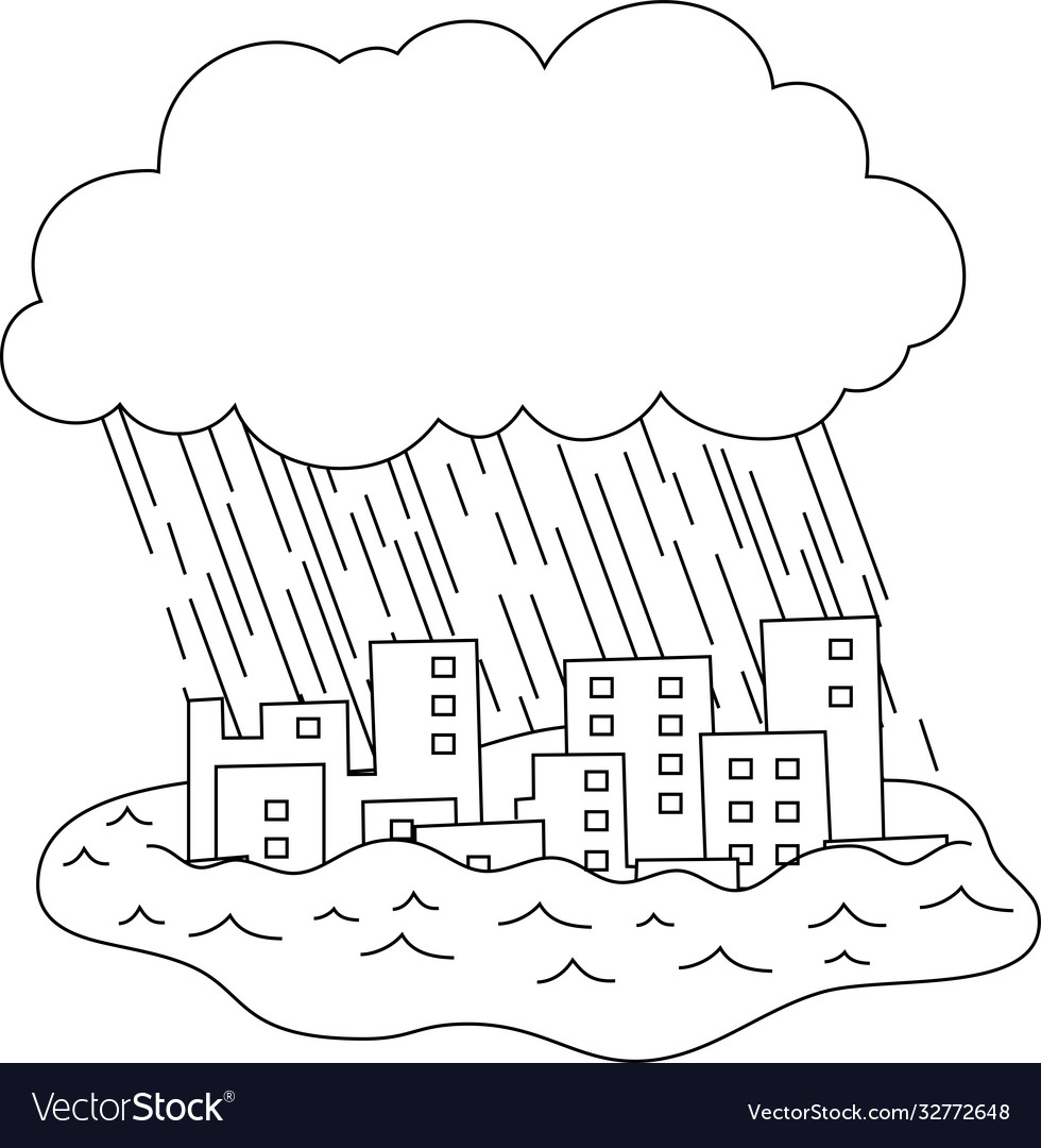 Buildings Damaged Heavy Rain And Flood Outline Vector Image