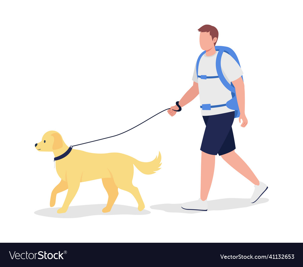 Man with backpack walk with dog semi flat color Vector Image