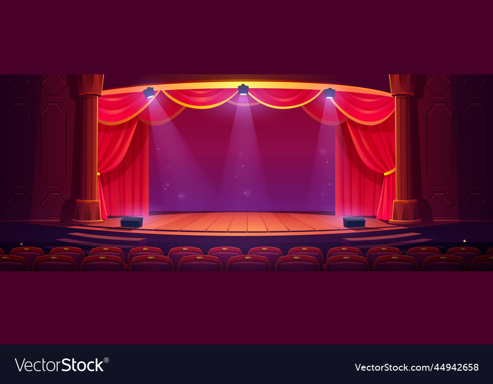 Empty theater stage with red curtains spotlights Vector Image