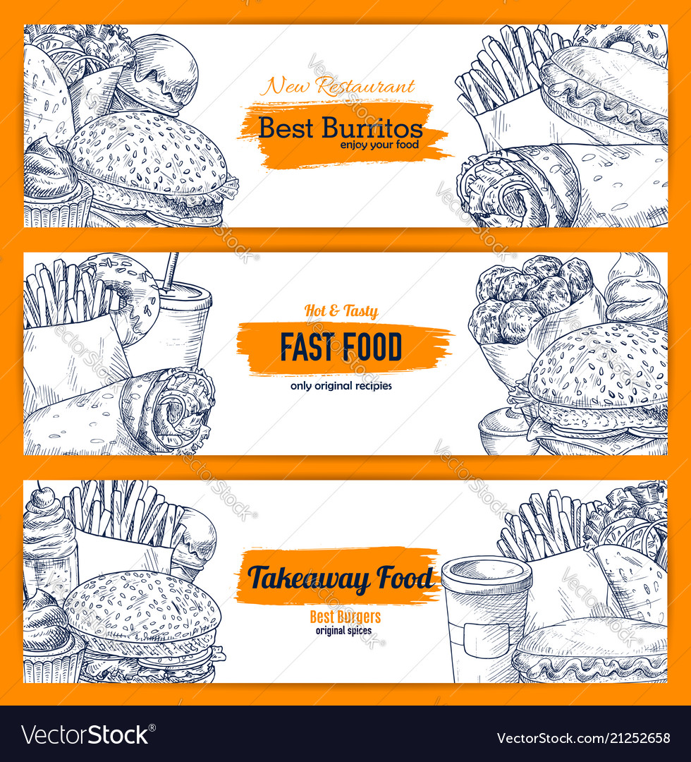 Fast food street snacks sketch banners Royalty Free Vector