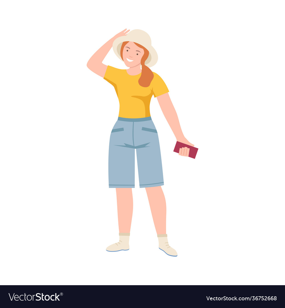 Woman tourist character in hat with smartphone