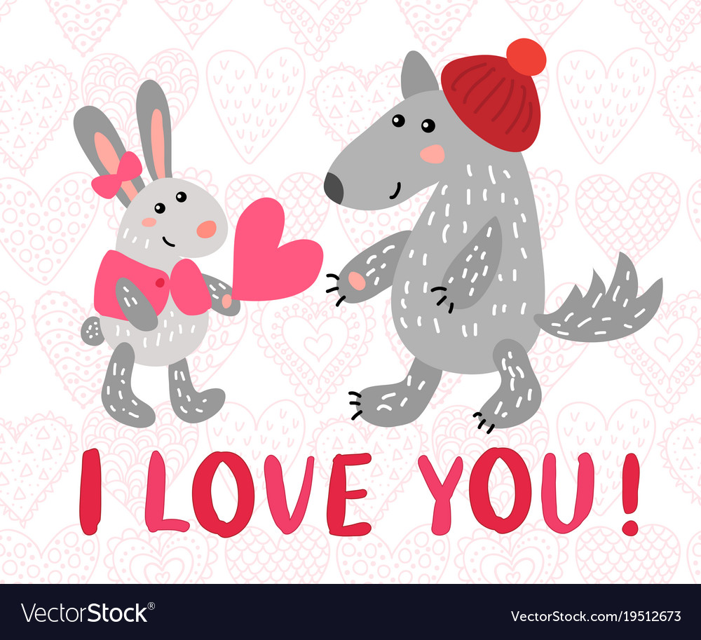 Valentine s day greeting card with rabbit and wolf