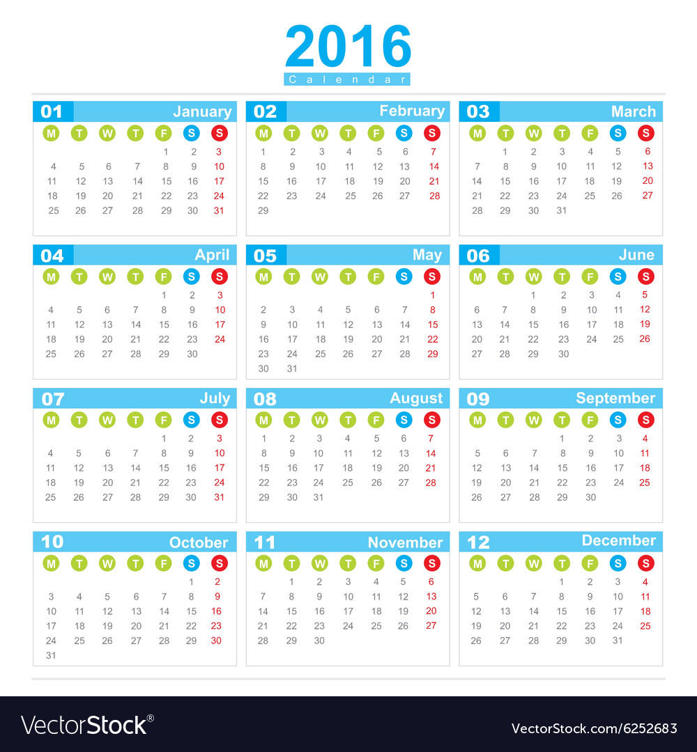 2016 Calendar week start monday Royalty Free Vector Image