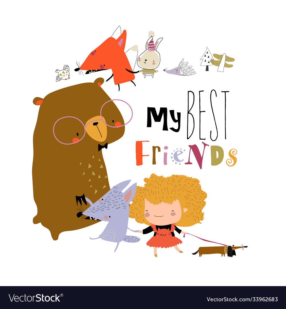 Cute cartoon girl with happy animals best friends Vector Image