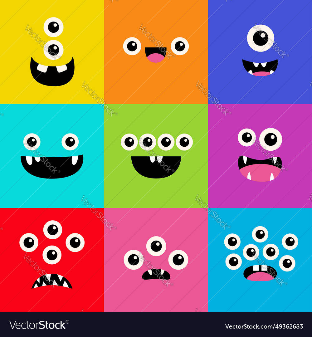 Cute Monster Face Head Set Banner Happy Halloween Vector Image