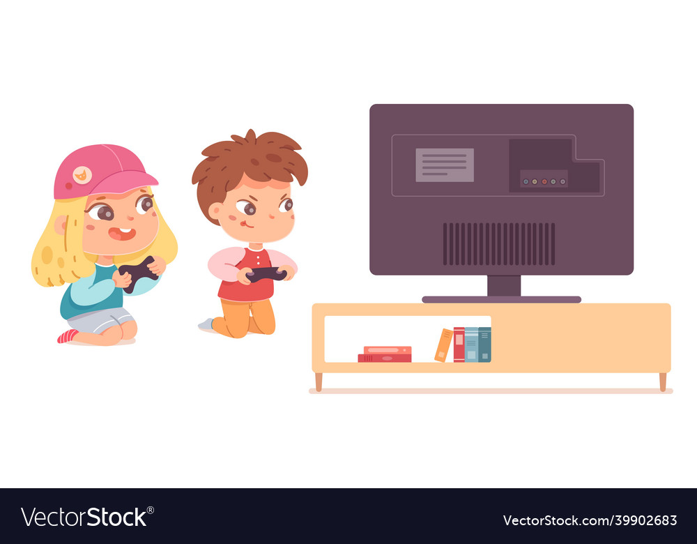 Kids Playing Video Games On Tv At Home Happy Boy Vector Image