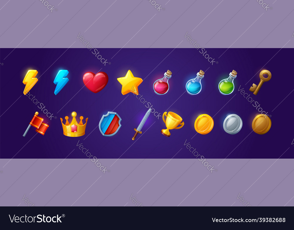 Game icons with heart lightning coins and star vector image Game icons with heart lightning coins and star