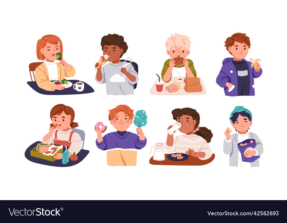 Kids Eating Healthy And Unhealthy Food Snacks Vector Image