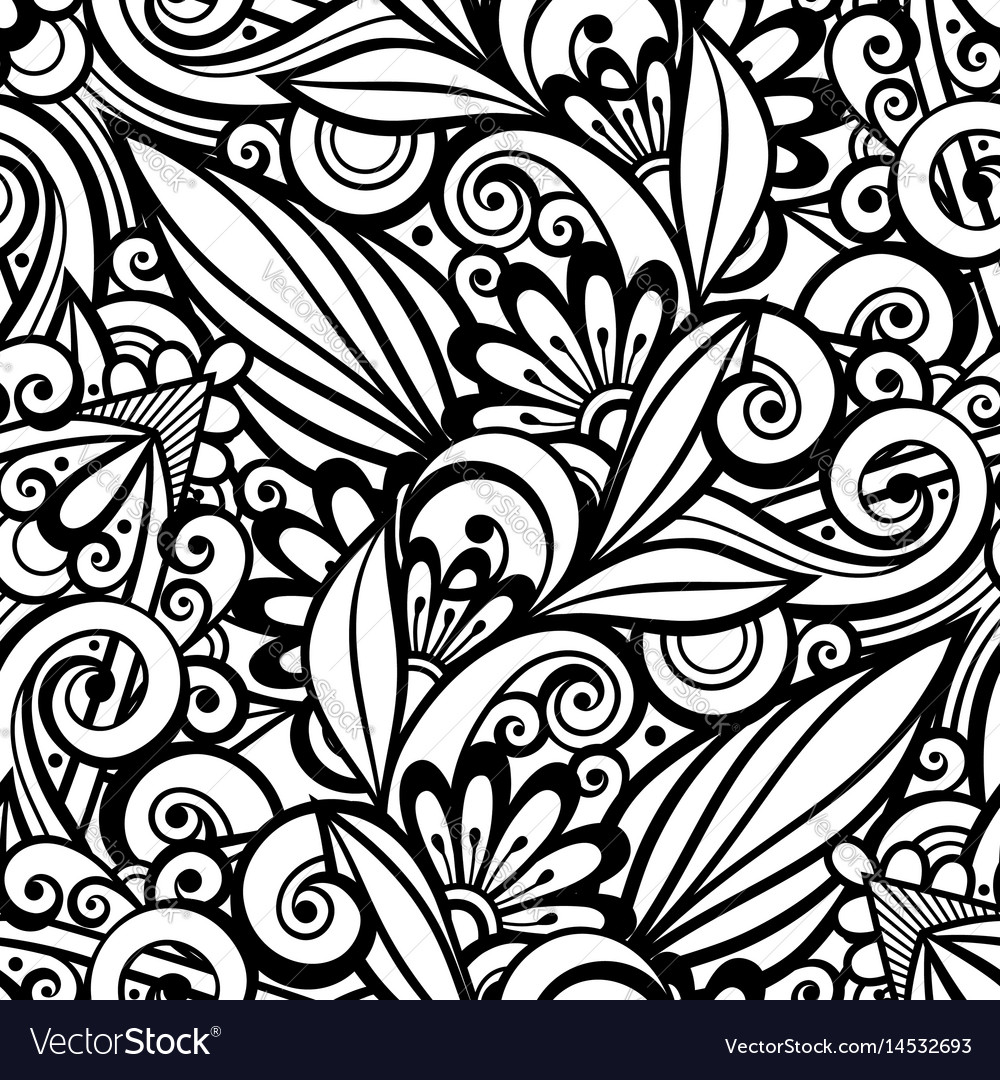 Vector Seamless Contour Floral Pattern. Hand Drawn Monochrome