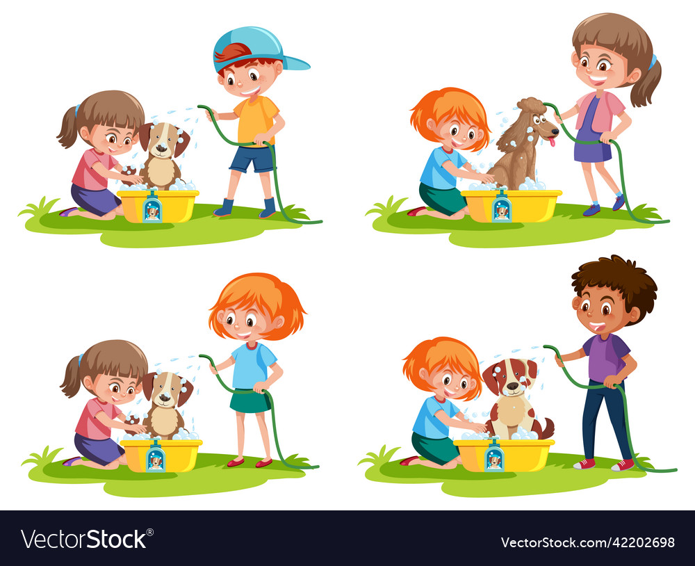 A set of boy and girl take dog bath Royalty Free Vector A set of boy and girl take dog bath Royalty Free Vector