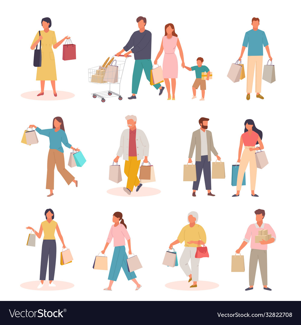 Characters with shopping set people with paper vector image Characters with shopping set people with paper