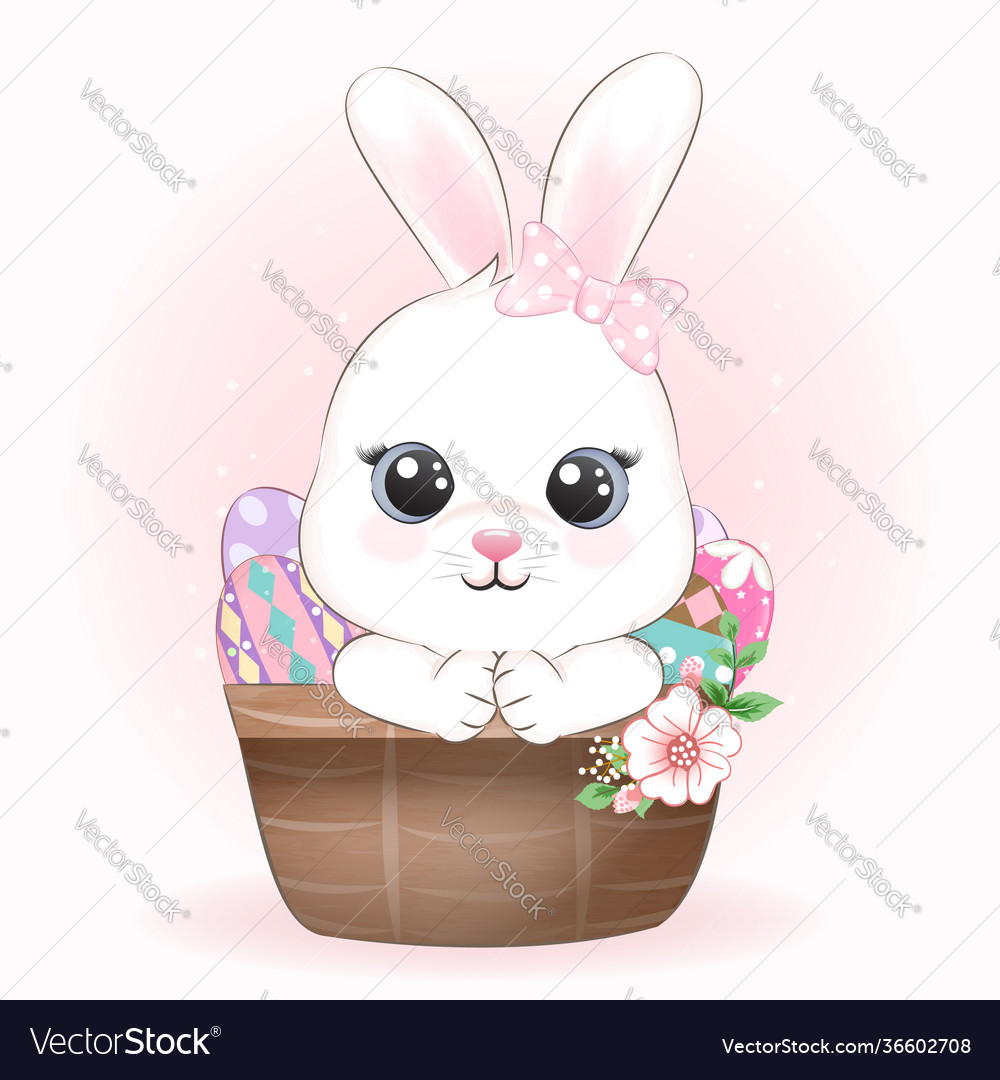 Cute bunny and eggs in basket