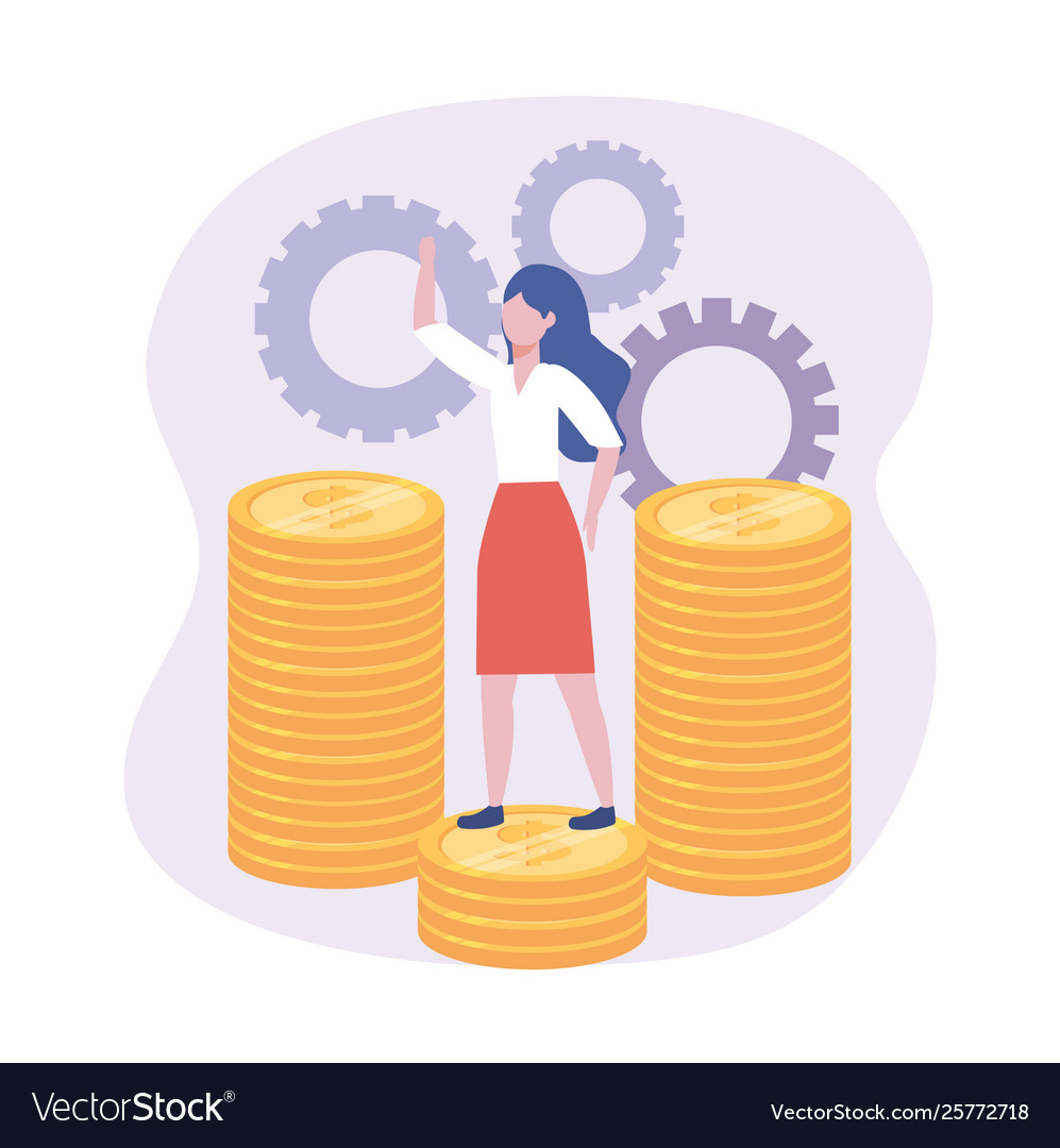 Businesswoman in coins with gears digital