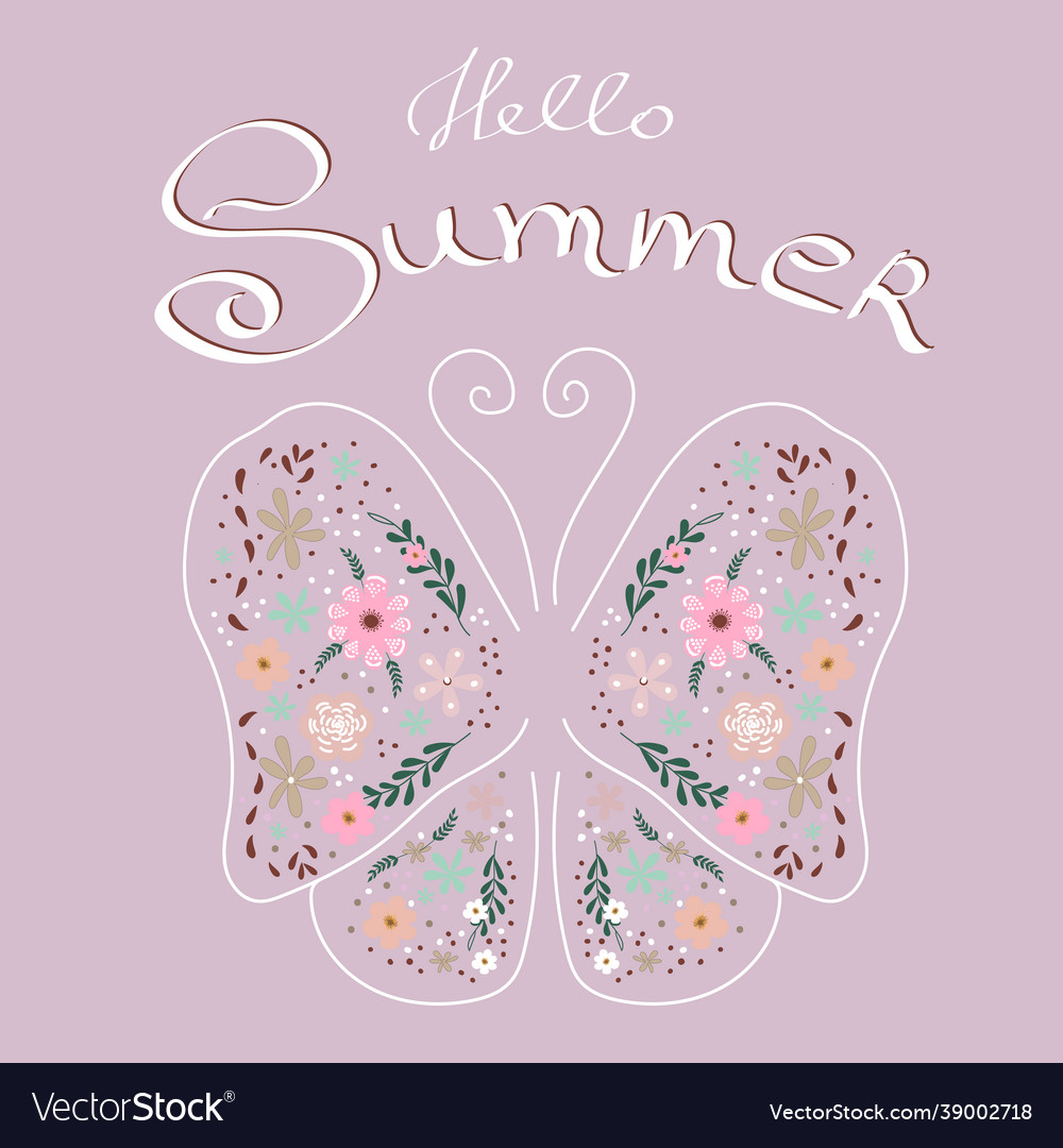 Hello summer hand written text butterfly Vector Image