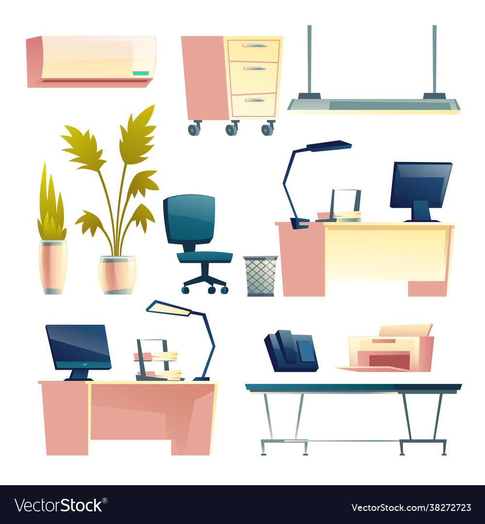 Office furniture and equipment cartoon set Vector Image