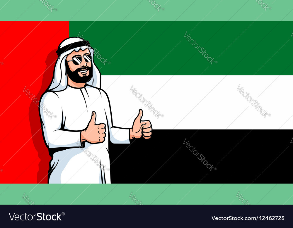 Arabic man thumbs up on united arab emirates flag vector image Arabic man thumbs up on united arab emirates flag