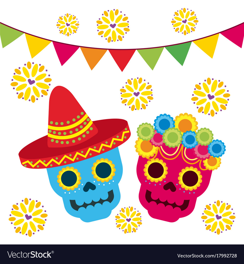 Day of the dead two skull with floral garland Vector Image