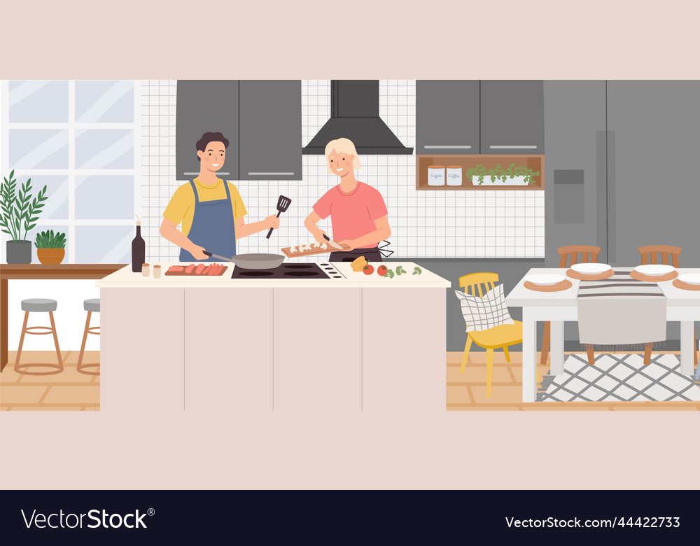 Family cooking at home man and woman frying Vector Image