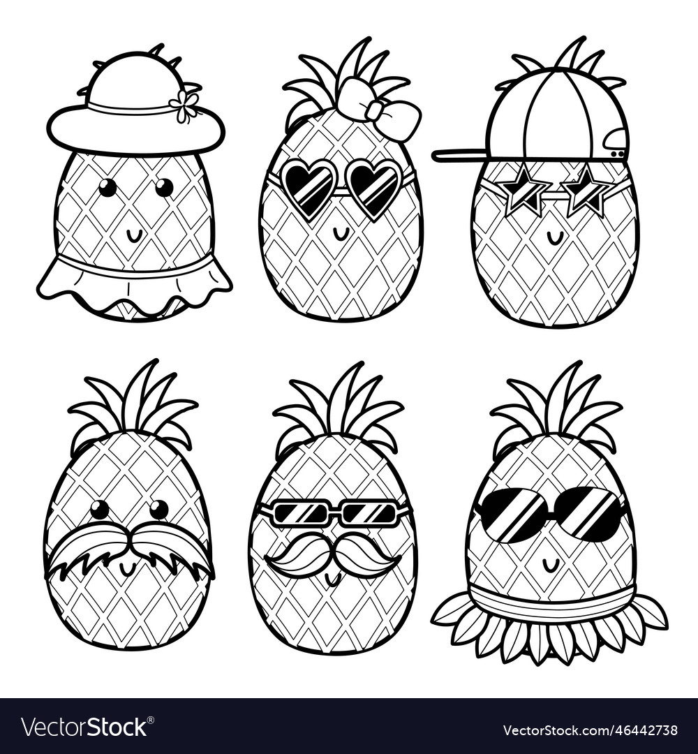 Cute black and white pineapple set coloring page Vector Image