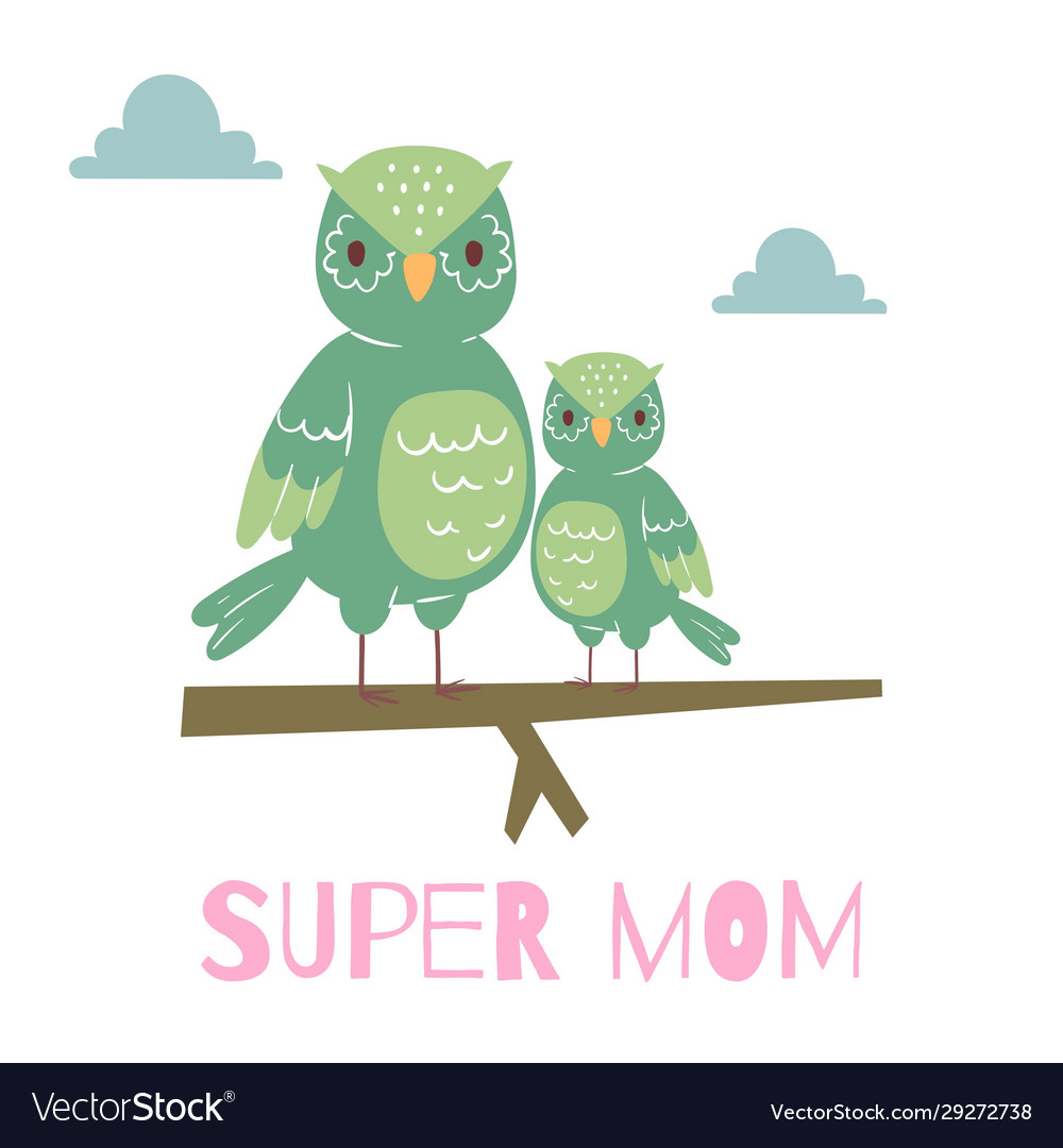 Cute Cartoon Owl Mother And Owlet Sitting Vector Image