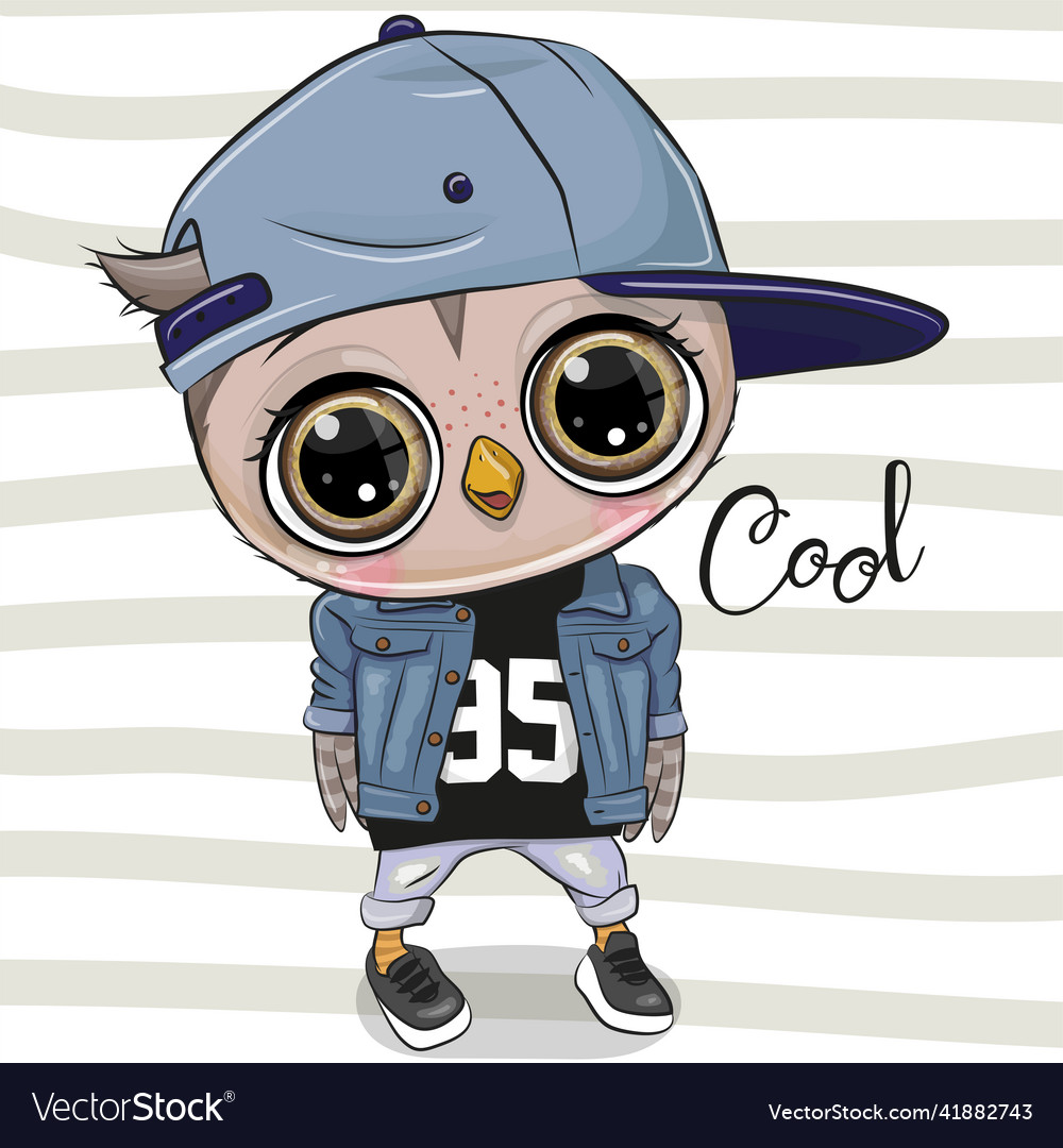 Cartoon owl boy with a blue cap on stripes Vector Image