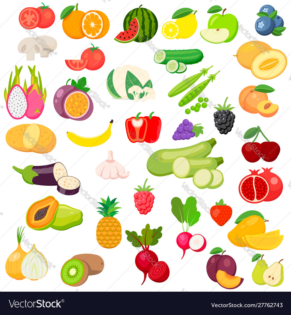 Fruits and vegetables icon set isolated on white Vector Image