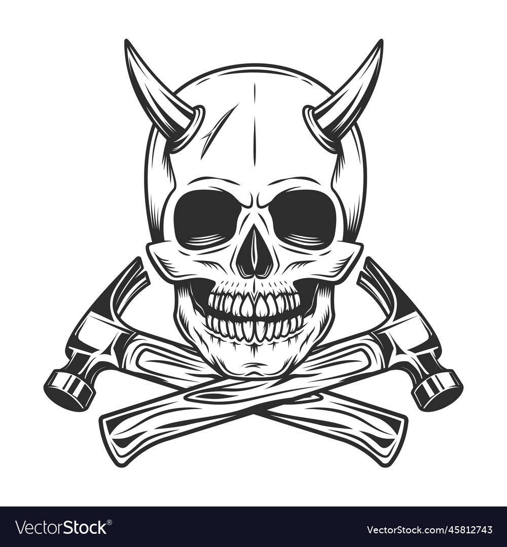 Skull with horns and body builder repair hammer Vector Image