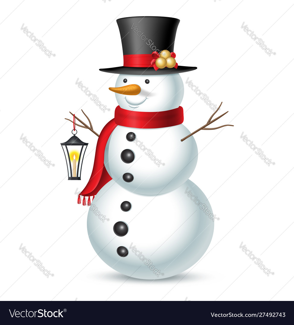 Snowman with hat and lantern isolated on white Vector Image