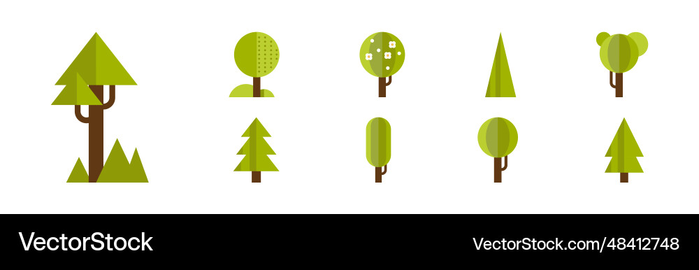 Green flat tree icons with lush crown and trunk Vector Image