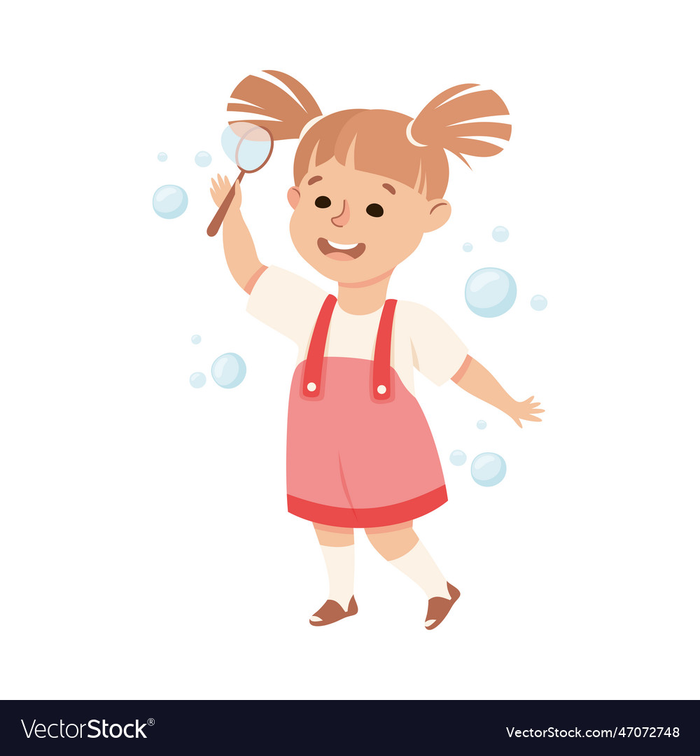 Joyful preschool little girl playing with soap Vector Image