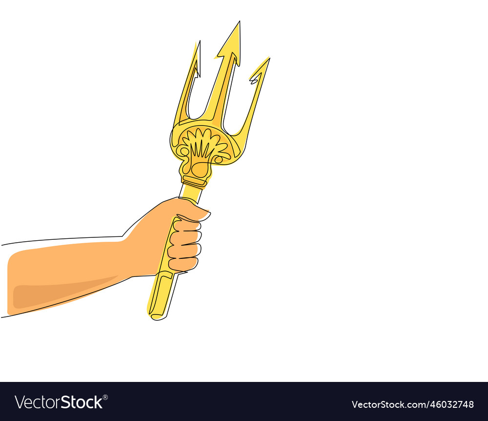 Single one line drawing hand holding trident Vector Image