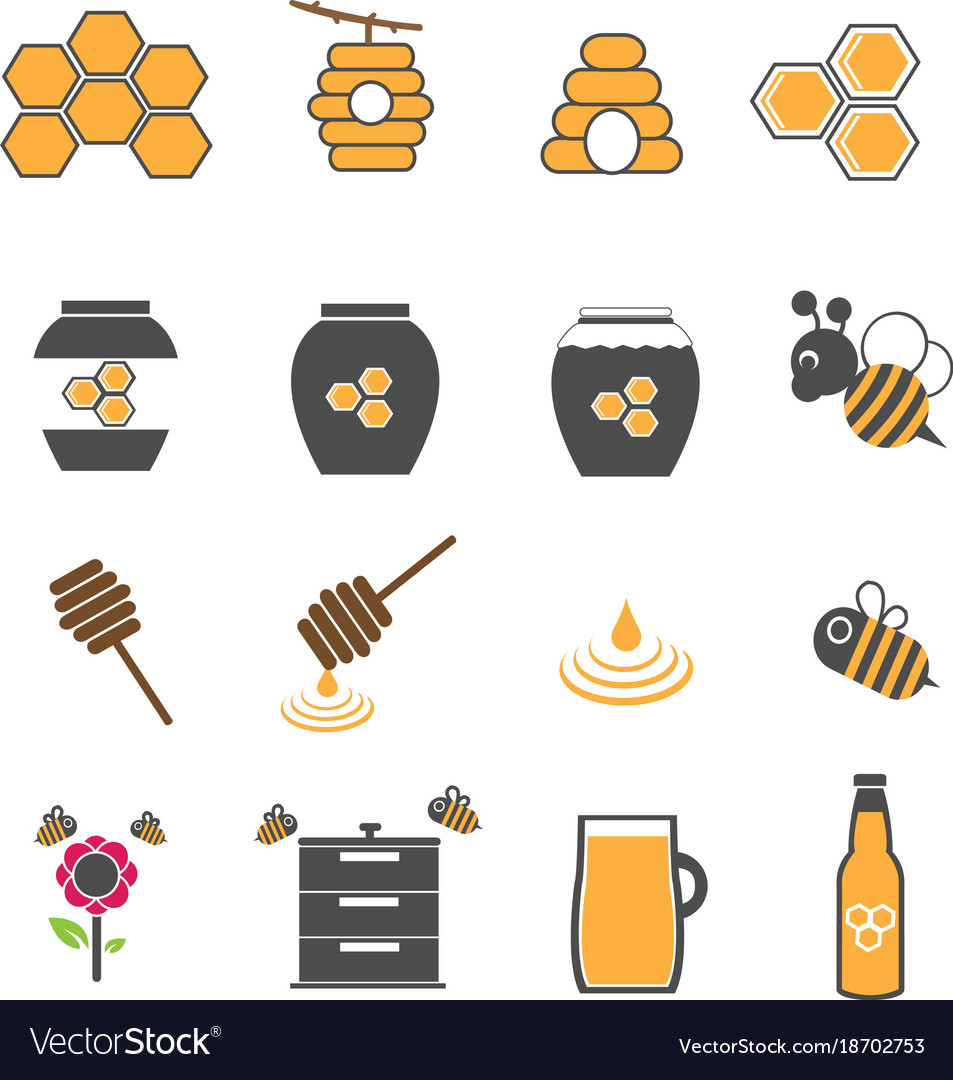 Yellow honey and bee icons set Royalty Free Vector Image