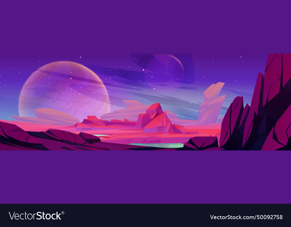 Alien planet landscape with rocky surface and lake