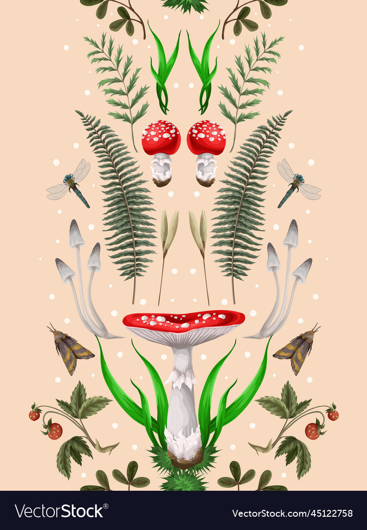 Seamless pattern with fly agaric other mushrooms