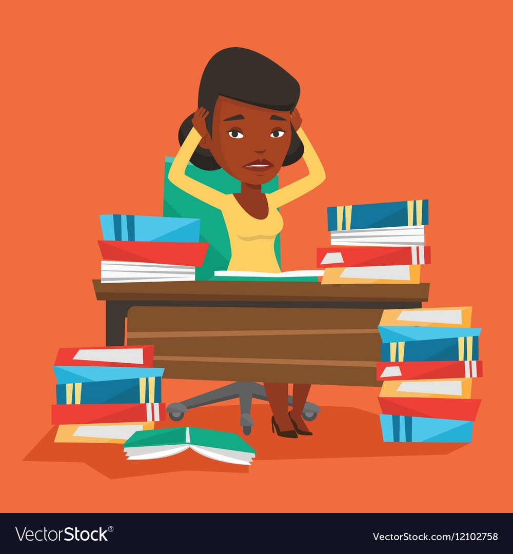 Student sitting at the table with piles of books Vector Image