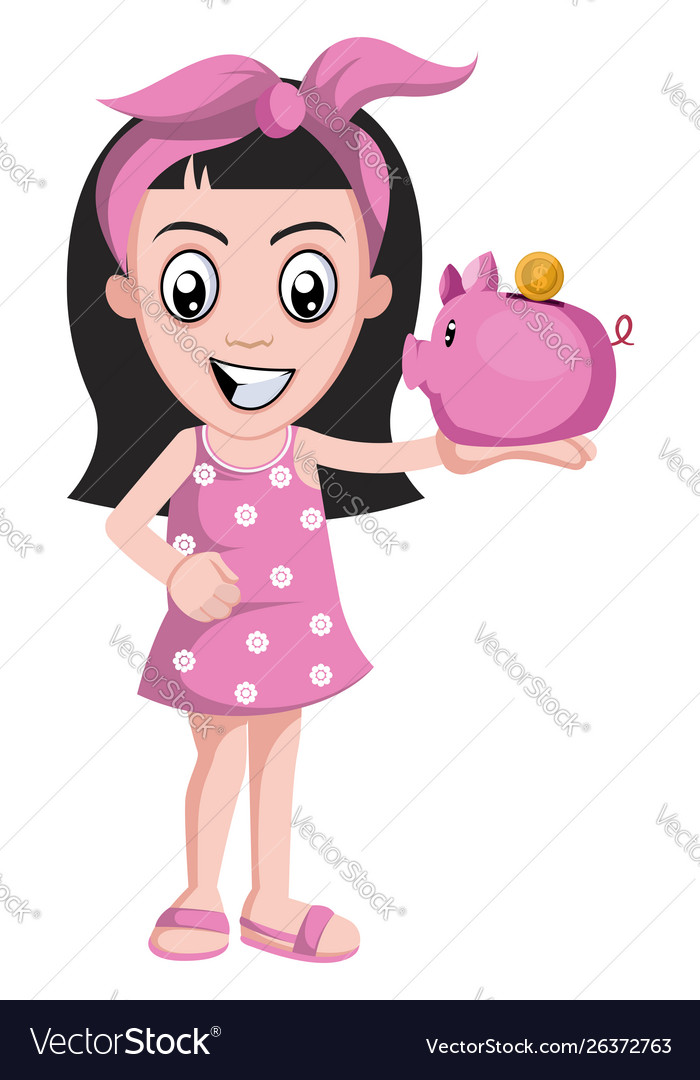 Girl with piggy bank on white background Vector Image