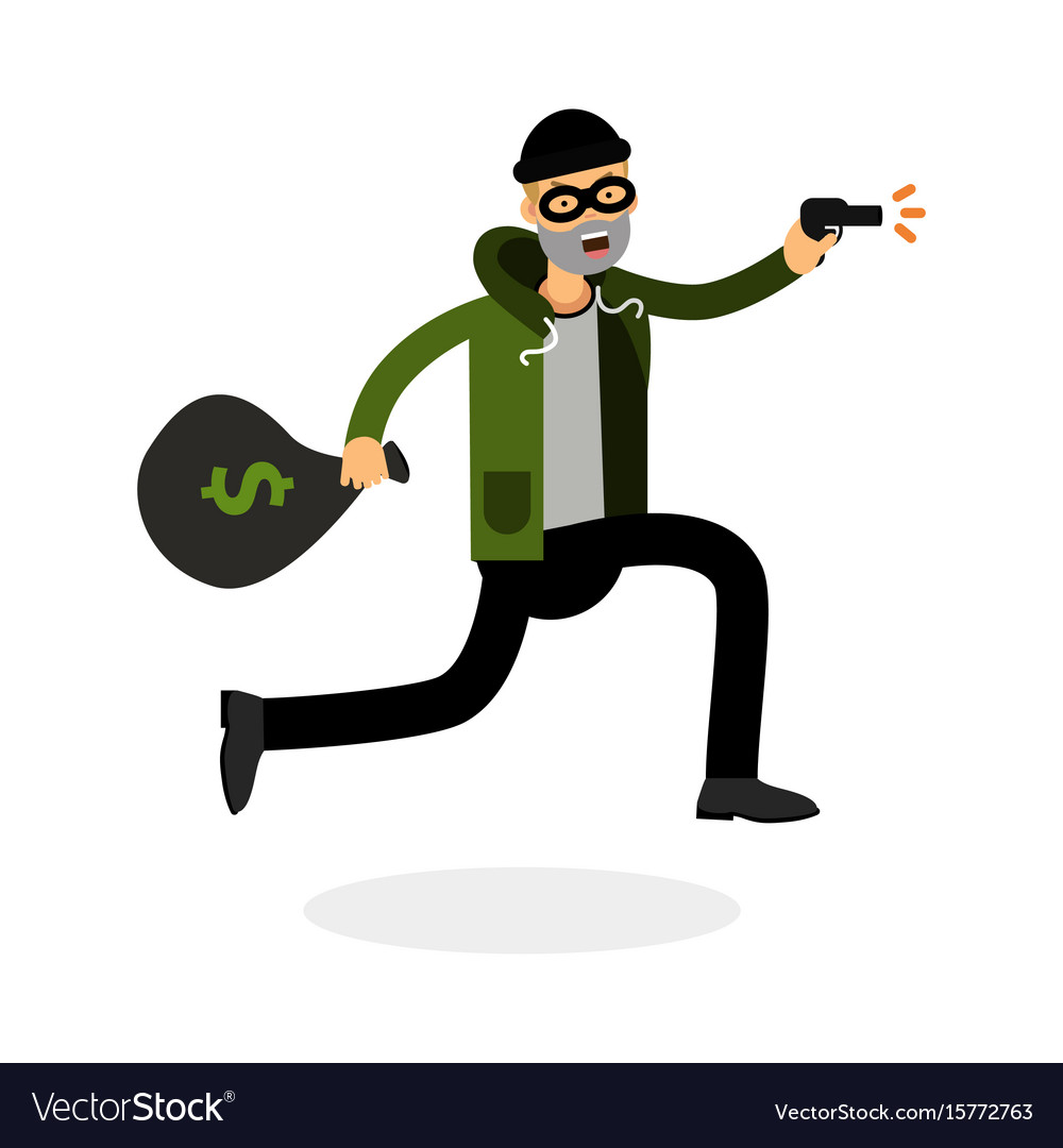 Thief in a mask running with a gun and money bag Vector Image