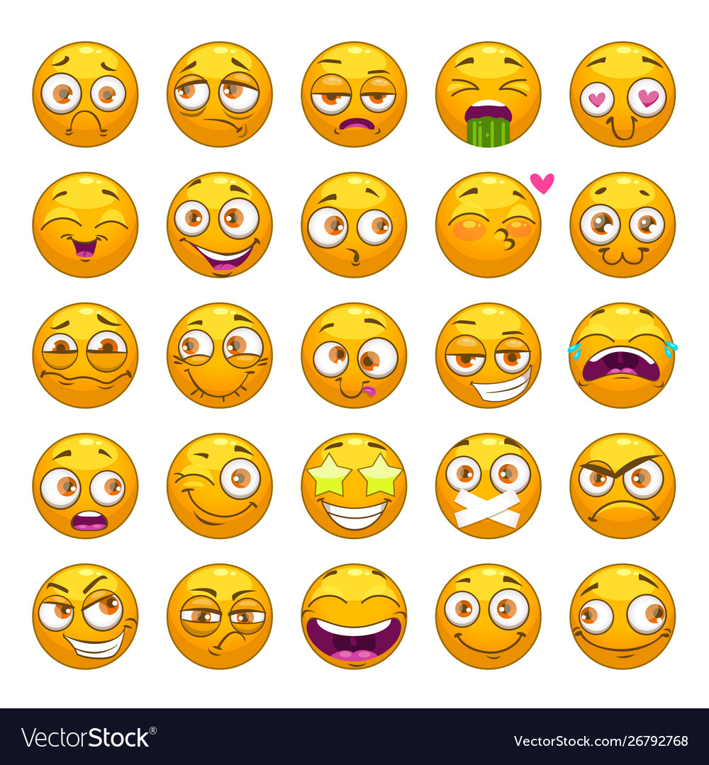 Funny cartoon yellow faces set emoji face Vector Image