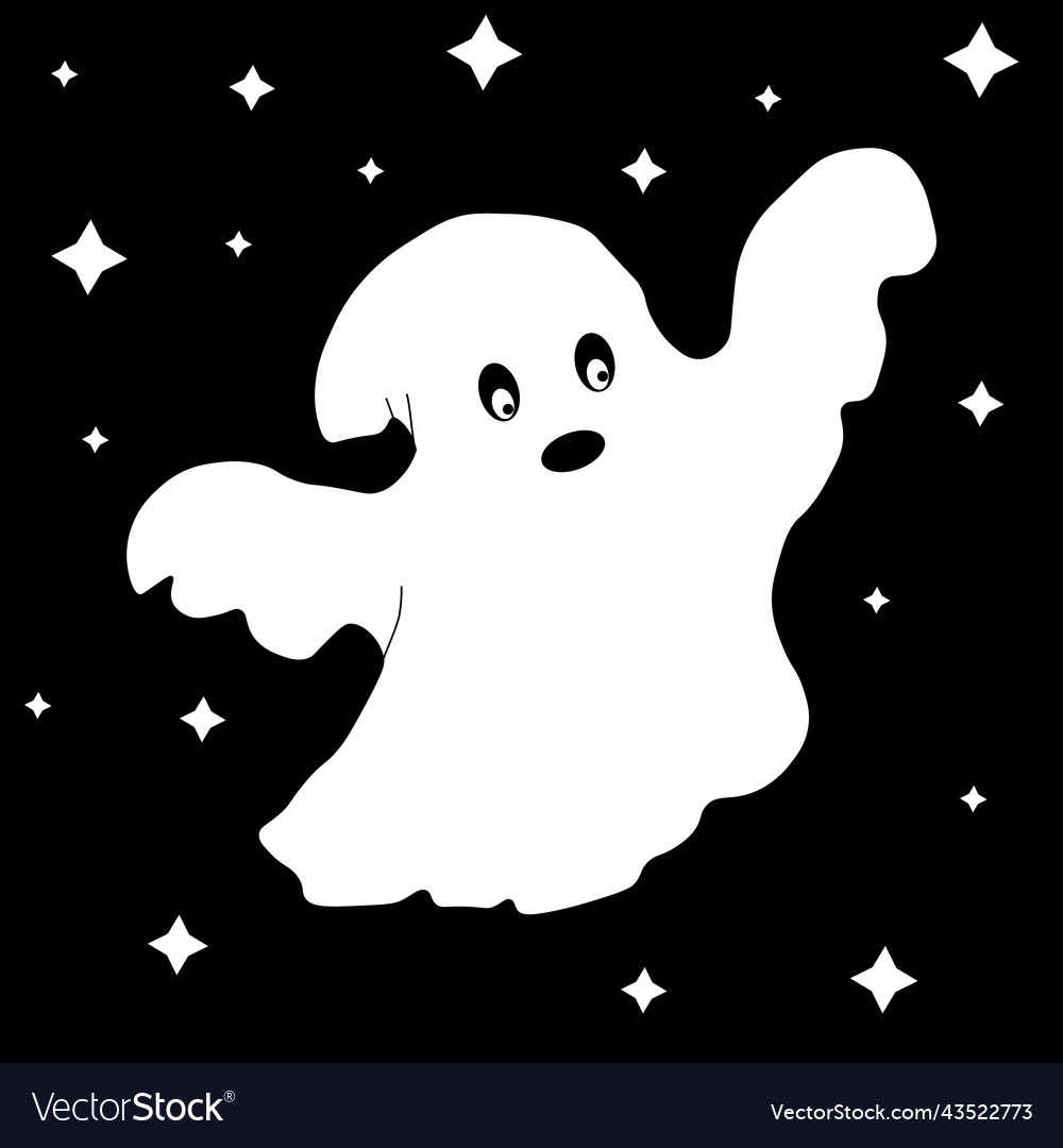 Cute ghost against a black starry sky background