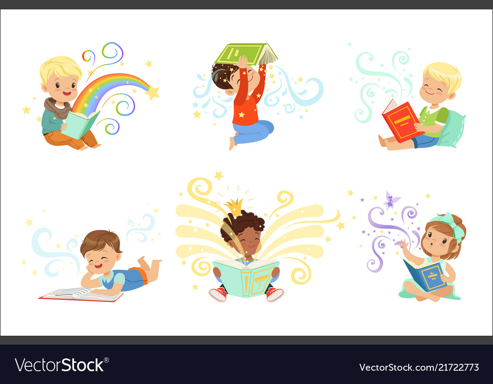 Cute little kids reading fairy tales set Vector Image