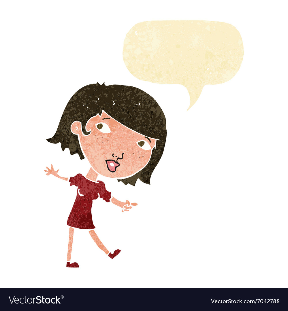 Cartoon happy girl gesturing to follow with speech