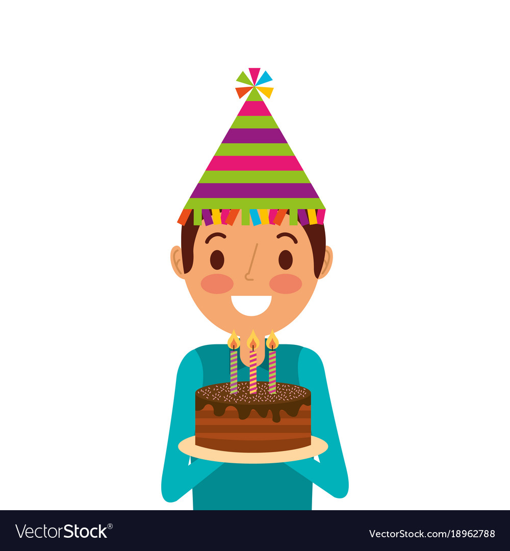 Happy man holding birthday cake wearing party hat Vector Image